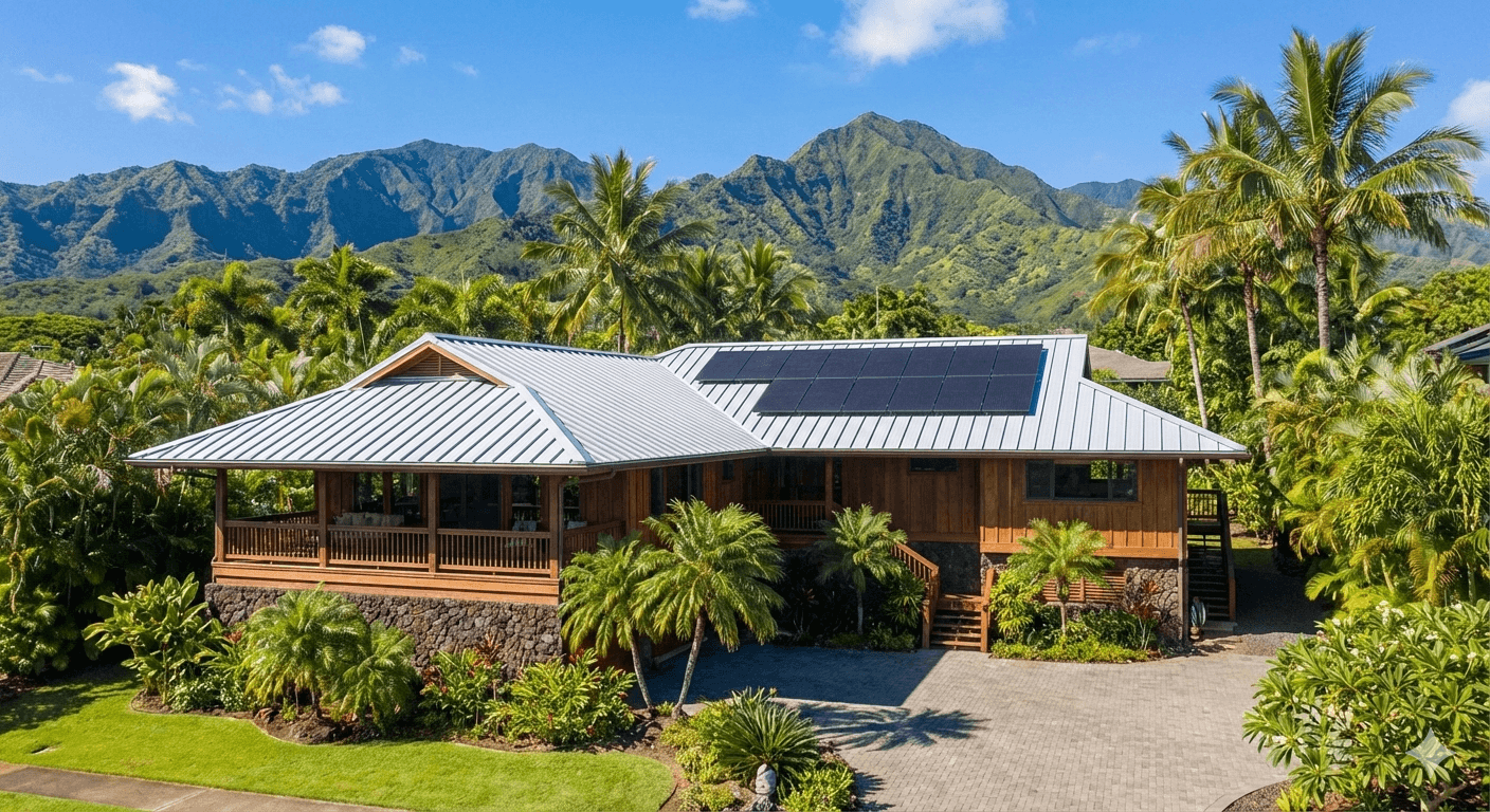 Solar panels on a Maui home with clear blue sky